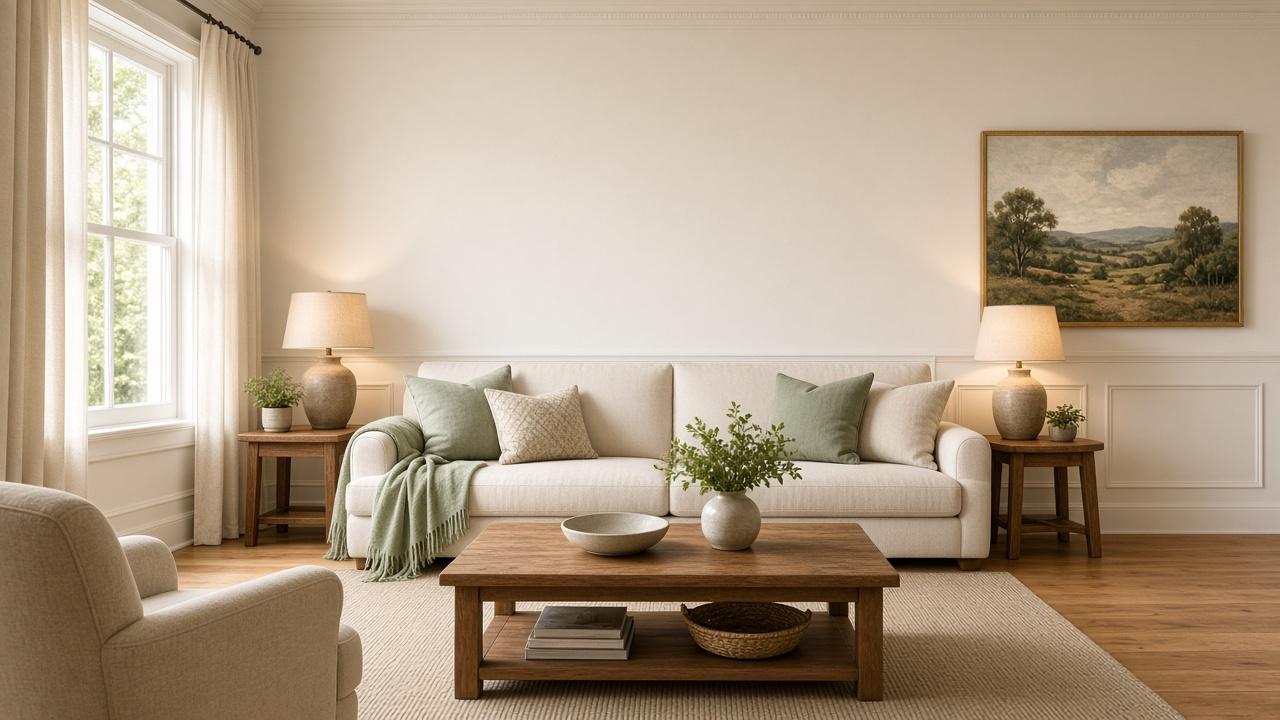Living room freshly painted in warm white with panelled wainscoting