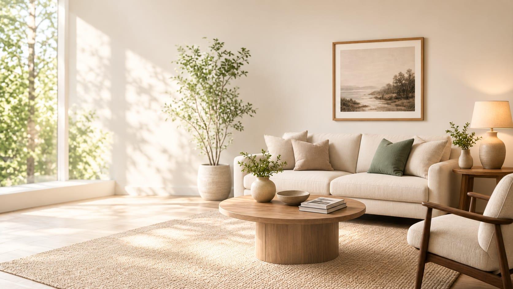 Sunlit living room with a feature wall, linen sofa and timber coffee table
